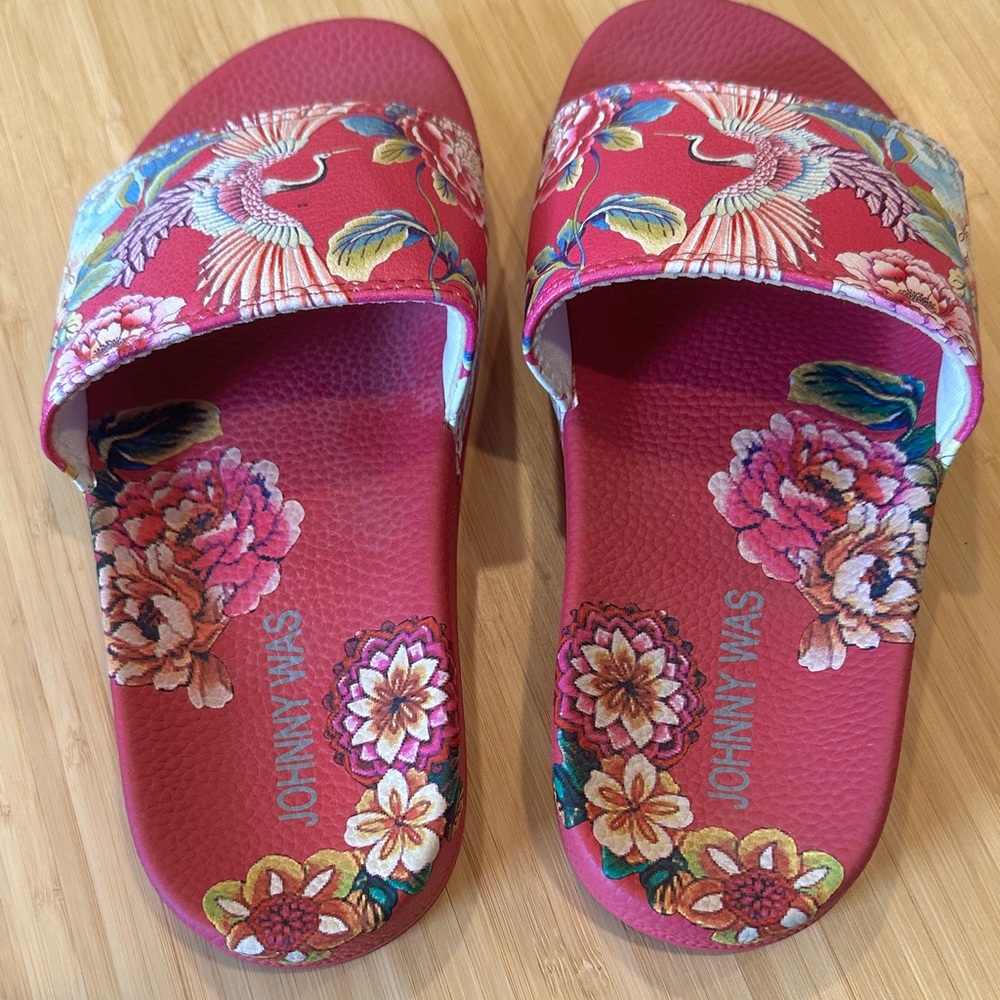 Johnny Was Red Floral Slide Sandals